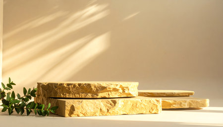 A serene product display featuring stone platforms, soft natural light, and a touch of greenery, creating a calming and organic presentation.の素材