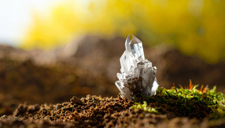 A close-up shot of a clear crystal cluster resting on a bed of soil and moss, with a soft, blurred background.の素材