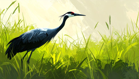 A digital illustration of a Demoiselle Crane standing gracefully in a vibrant green meadow, showcasing its elegant form and natural habitat.の素材