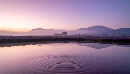 A tranquil landscape featuring water ripples, mountains, and a beautiful purple sky, creating a peaceful atmosphere.の素材