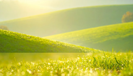 A tranquil scene of rolling green hills under a warm, golden light, evoking peace and natural beauty. The landscape is vibrant and inviting.の素材