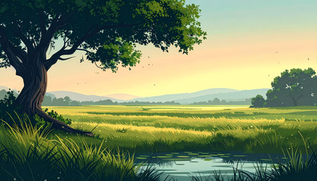 A tranquil natural scene featuring a vast green meadow, a large, leafy tree, and a small stream reflecting the warm hues of a setting sun.の素材