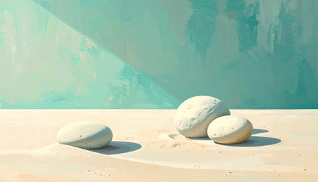 A minimalist composition featuring three smooth, rounded stones on a neutral surface, bathed in soft light against a textured teal backdrop.の素材