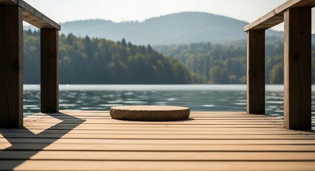 A wooden dock extends over a calm lake, with a platform in the center and mountains in the background.の素材