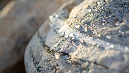 A detailed macro shot showcasing the rough, textured surface of a rock, highlighting its natural patterns and imperfections.の素材