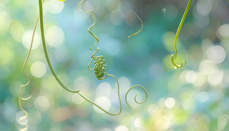 A close-up captures the graceful curves of plant tendrils, their vibrant green contrasting with the blurred, ethereal background of light and color, evoking a sense of tranquility.の素材