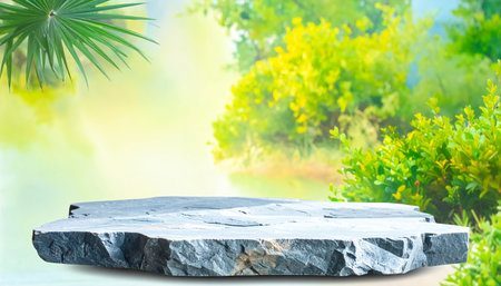 A rustic stone podium stands against a vibrant backdrop of tropical foliage and soft sunlight, perfect for product displays.の素材
