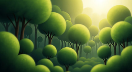 A vibrant illustration of a dense forest with round, green trees and sunlight filtering through the canopy, creating a serene atmosphere.の素材