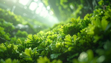 A close-up, low-angle shot of vibrant green moss or small plants thriving under the gentle rays of sunlight filtering through the canopy, creating a serene and natural atmosphere.の素材