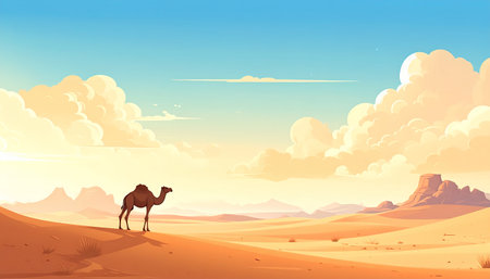 A beautiful cartoon illustration of a lone camel standing on a sand dune. The vast desert stretches to the horizon under a bright sky with fluffy clouds and distant mountains.の素材