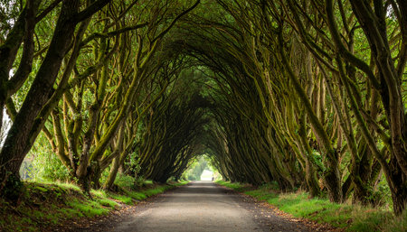 A captivating view of a tree-lined path, forming a natural tunnel with lush green foliage, creating a serene and magical atmosphere.の素材