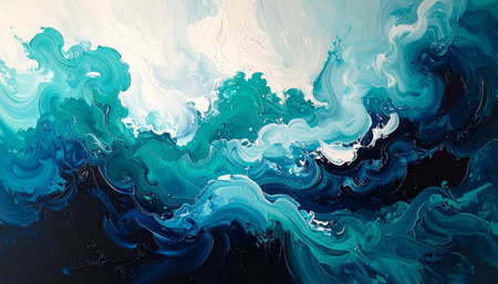 An abstract background of swirling turquoise, blue, and white paint. The fluid, smoke-like patterns create a dynamic and mesmerizing visual effect of ink dissolving in water.の素材