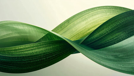 A macro photograph of vibrant green leaves elegantly twisted together, forming a smooth, flowing wave shape against a clean, minimalist light-colored background.の素材