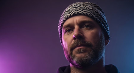 Close up headshot of a pensive Caucasian man with a goatee and a patterned beanie. He is looking away from the camera, illuminated by moody purple and blue neon lights.の素材