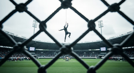 A silhouette of an aerial performer hangs from a rope high above a green sports stadium, viewed through the diamond pattern of a chain-link fence in the foreground.の素材