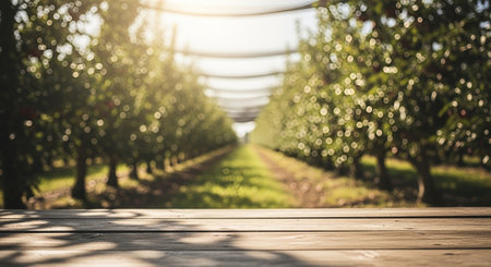 Close up of an empty wooden table with shadows and bright sunlight. The background features a soft focus view of a green apple orchard or vineyard.の素材