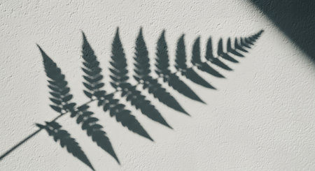 A stark silhouette of a fern leaf is cast against a textured, off-white paper, creating a minimalist yet striking botanical image with a focus on form and contrast.の素材