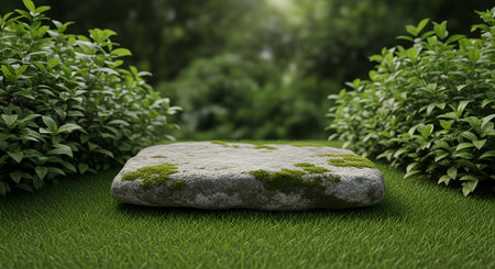 A weathered stone slab covered in vibrant green moss sits as a natural pedestal on a manicured lawn, framed by verdant bushes under a soft, ethereal light filtering through the foliage.の素材