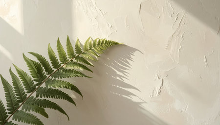 A minimalist still life with a fresh green fern branch against a rough plaster wall. Natural sunlight creates deep, artistic shadows, evoking a calm, serene mood.の素材