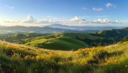A breathtaking panoramic view of sunlit green rolling hills and valleys with yellow wildflowers in the foreground under a vast blue sky with clouds and distant mountains.の素材