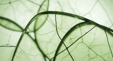 An extreme close up macro photograph showing the intricate network of cellular structures and veins within a translucent green leaf creating an abstract biological background.の素材
