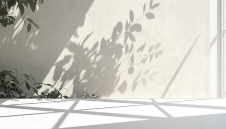 A minimalist composition featuring the interplay of light and shadow from plants and window panes on a white wall and floor.の素材