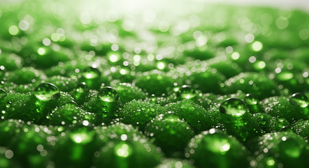 A close-up, shallow depth of field shot of vibrant green moss covered in numerous glistening water droplets, reflecting light and creating a sparkling effect. The image evokes freshness and natural beauty.の素材