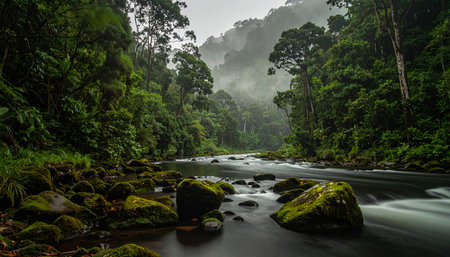 A long exposure photograph of a tranquil river winding through a dense, foggy jungle. Mossy green rocks dot the foreground, leading into the misty, lush rainforest.の素材