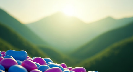 A tranquil and hazy mountain range glows in the morning light providing a beautiful backdrop for a collection of smooth colorful blue and pink stones.の素材