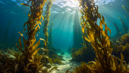 Sunbeams illuminate a lush kelp forest on the ocean floor, showcasing marine biodiversity and natural beauty.の素材