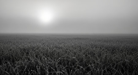 A monochromatic landscape photo of a vast grain field under a hazy, foggy sky with the soft sun glowing in the distance, creating a peaceful and atmospheric rural scene.の素材