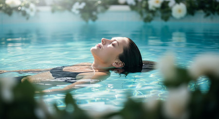 Side view of a relaxed woman floating in a serene pool. Sun rays illuminate the water, creating a peaceful and luxurious atmosphere for a perfect spa day retreat.の素材