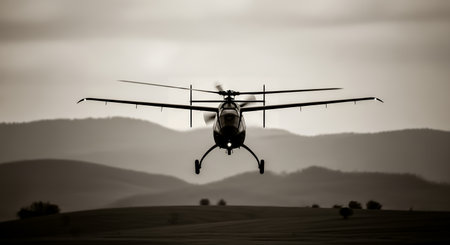 A silhouetted helicopter is captured mid-flight against a backdrop of rolling hills and a cloudy sky, creating a sense of motion and adventure.の素材