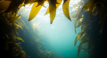 An enchanting underwater perspective looking up through a dense kelp forest as golden sunbeams filter through the clear turquoise ocean water creating a tranquil scene.の素材