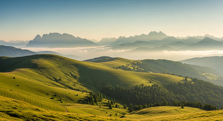 A breathtaking panoramic view of a mountain range with rolling green hills in the foreground. A sea of fog fills the valleys below the distant jagged peaks under a clear sky.の素材
