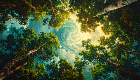 A low-angle view of a dense forest canopy, showcasing tall trees with vibrant green leaves reaching towards a dramatic sky. The clouds in the center form a captivating swirl, creating a surreal and ethereal atmosphere. Sunlight filters through the leaves, highlighting the rich textures and colors of the foliage.の素材