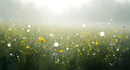 A serene landscape of a field filled with wildflowers, glistening with morning dew, bathed in soft sunlight, creating a tranquil atmosphere.の素材