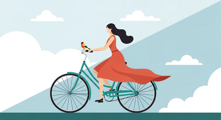 A woman in a flowing red dress rides a bicycle, holding a bouquet of flowers, with a cloudy sky in the background.の素材