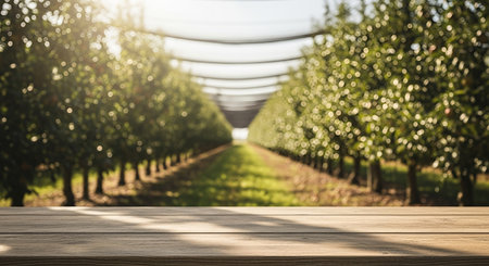 An empty wooden table provides a perfect foreground for product display with a beautiful blurred background of a sunlit green orchard on a warm summer day.の素材