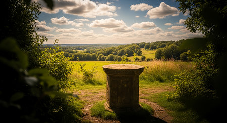 A serene landscape view from a vista point, showcasing rolling hills, lush greenery, and a clear sky with scattered clouds.の素材