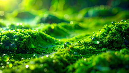 Close-up of lush green moss, glistening with dew drops, illuminated by soft sunlight, creating a magical, natural texture.の素材