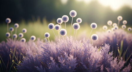 A serene and magical landscape featuring a field of soft purple flowers with whimsical white dandelion-like seed heads floating above, all bathed in warm, golden sunlight.の素材
