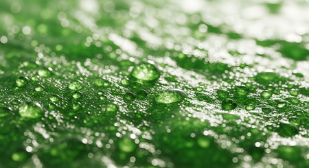A macro shot of a vibrant green leaf, adorned with glistening water droplets, capturing the beauty of natures detail and freshness.の素材