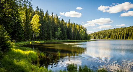 A tranquil lake reflects the surrounding forest and sky, creating a peaceful and picturesque natural scene. The vibrant greenery and clear water enhance the beauty.の素材