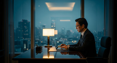 A businessman works late at his desk, illuminated by a lamp, with a city skyline visible through the window, showcasing dedication and urban life.の素材