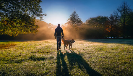 A man and his dog are silhouetted against the rising sun, casting long shadows on the grass.の素材