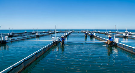 An aerial view of an aquaculture farm, showcasing rows of fish pens in the ocean, highlighting sustainable seafood practices.の素材