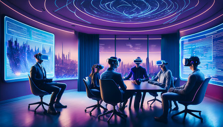 A group of people wearing VR headsets in a futuristic meeting room, collaborating on a project with digital displays.の素材