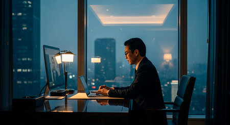 A focused businessman in a suit works on his laptop at a desk in a high-rise office, with the illuminated city skyline visible through the large window at dusk.の素材
