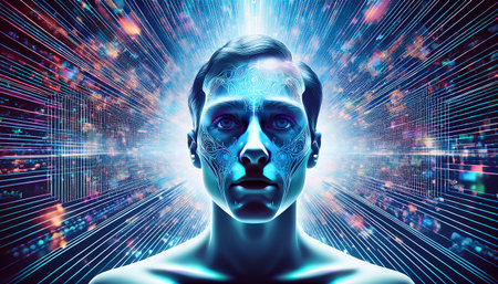 A striking digital artwork featuring a human face with a futuristic, technological aesthetic, set against a vibrant, abstract background.の素材